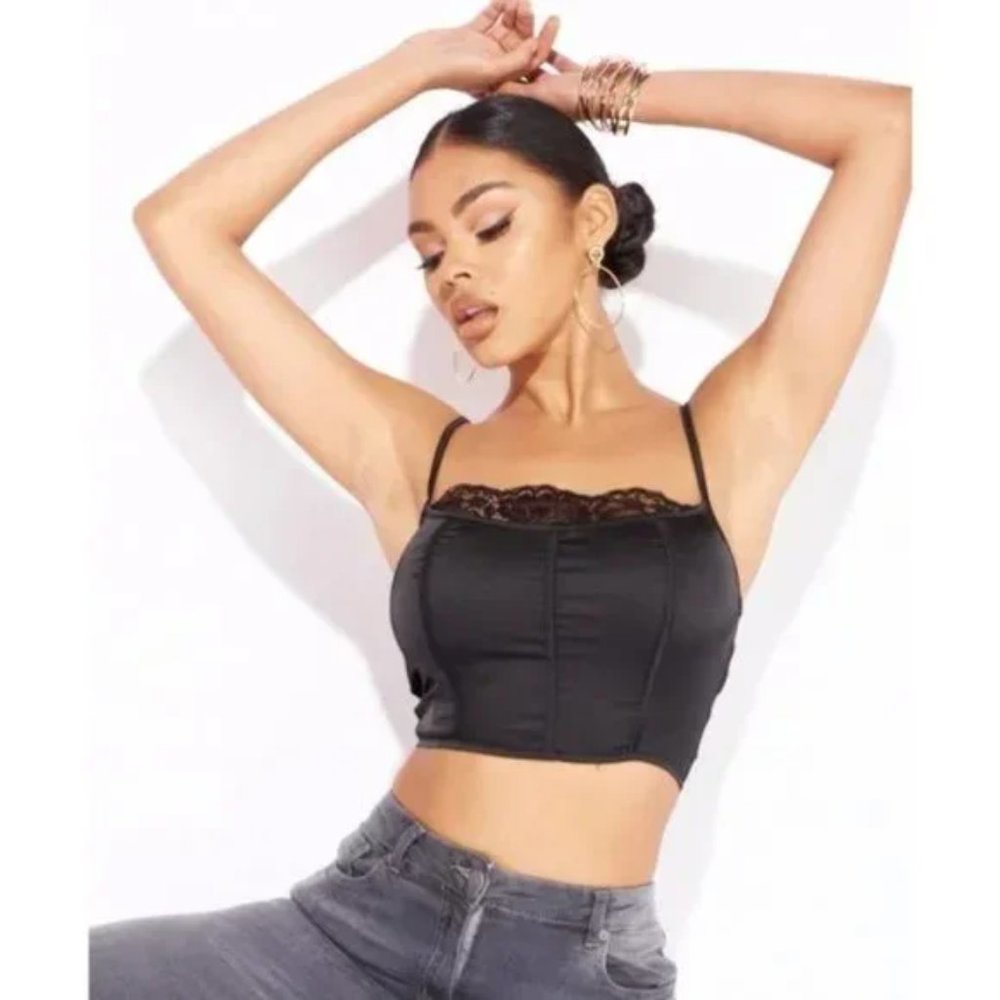 Black Satin Silk Lace Trim Sleeveless Square Neck Crop Top - Picture 16 of 17